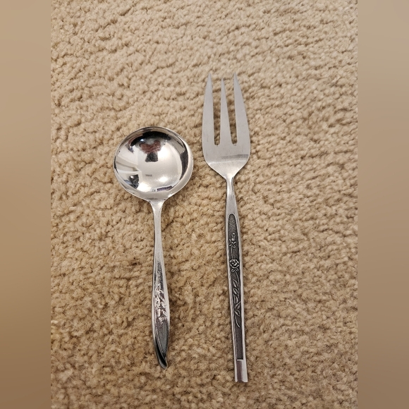 Set Of 2 Stainless Steel Fork And Spoon Floral - Picture 1 of 8